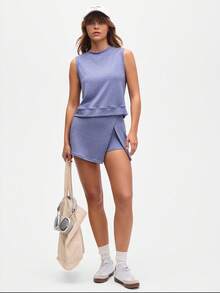 Gameset SHEIN Sport Musera 两件套保暖内衬牛仔色健身套装，运动套装，无袖背心和迷你裙套装，不可拆卸内衬紧身裤短裤，秋/春/冬室内运动（瑜伽/健身） - 藍色 - 查看 7