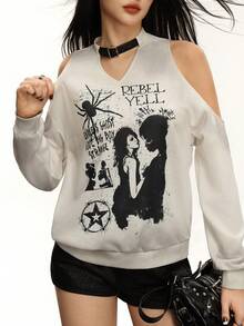 Rina Fox Moletom Feminino Casual, Solto e Versátil, Ombro Caído