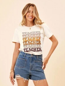Coeurva Teacher Print Casual Minimalist Round Neck Short Sleeve Fitted Women T-Shirt, Suitable For Summer, Teacher's Day, Cotton Blend Pullover - Apricot - View 3
