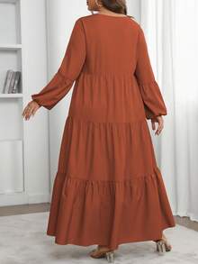 Vionelle 大码女式春夏纯色圆领灯笼袖荷叶边下摆宽松休闲连衣裙长款女装 - 橘色 - 查看 2