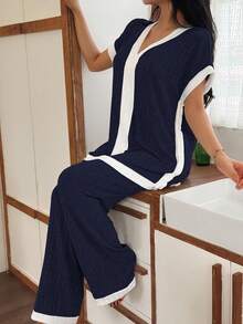 Lazeform Bộ đồ ngủ 2 món dệt kim màu trơn cổ chữ V tay ngắn và quần dài cho nữ - Màu xanh hải quân - Xem 4