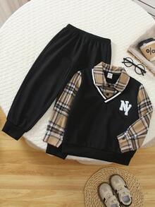 Conjunto de 2 peças/conjunto para meninos, novo design, duas peças, blusa de manga comprida com gola alta e calças largas, tecido confortável, adequado para uso diário, escola, férias, brincadeiras ao ar livre