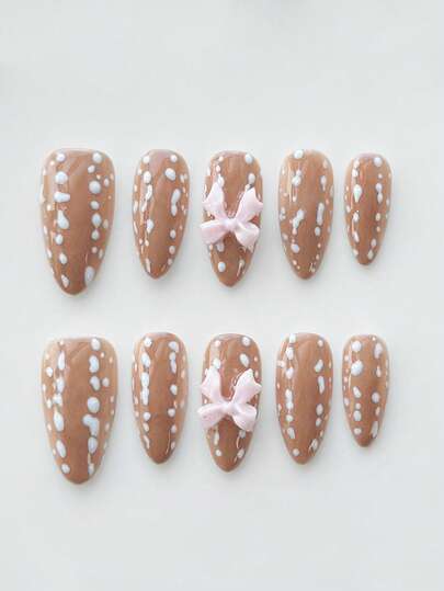 Anime 10 piezas de uñas postizas de alta calidad con diseños de moño, nota musical y estrella, hechas a mano + 3 piezas de adhesivo doble cara, pegatinas de arte de uñas desmontables con cadena de cristal, estilo francés Y2K con lunares, adecuadas para vacaciones, fiestas, baile y uso diario