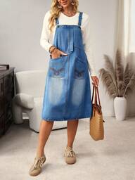 EMERY ROSE Vestido Jardineira Denim Casual Solto com Bolsos Duplos para Mulheres