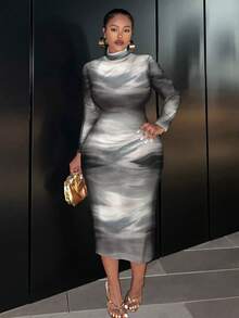 Slaydiva Casual Tie Dye Color Plus Size Long Sleeve Round Neck Fitted Dress, Suitable For Autumn/Winter