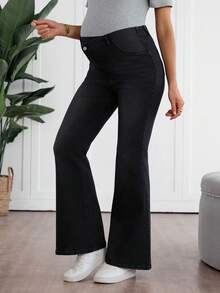 SHEIN 孕妇装秋季秋冬万圣节圣诞节新年纯色通勤度假 Ravel Old Money 风格优雅休闲喇叭裤女式黑色高腰喇叭牛仔裤时尚不对称纽扣设计喇叭裤牛仔裤别致黑色喇叭牛仔裤女式高腰独特不对称纽扣开合喇叭裤 - 黑色 - 查看 8