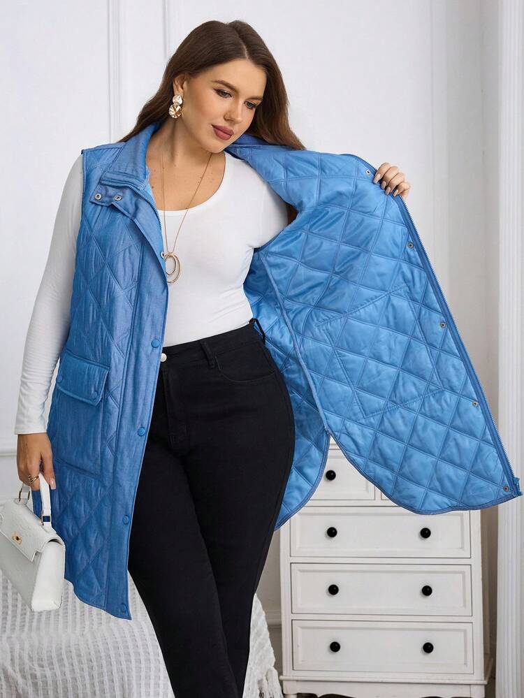 プラスサイズ レディース 無地 大きなポケット ジップアップ ノースリーブ カジュアル ウインタージャケット