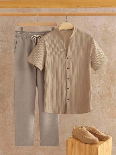 HIMLAND 男士休闲纯色V领衬衫和宽松长裤套装（2件套） 男士亚麻套装 男士夏季两件套 男士休闲套装 卡其色男士套装