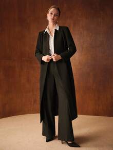 MOTF PREMIUM SIMPLE ELEGANT CONTRAST COLLAR BELTED OVERCOAT - Black - View 6
