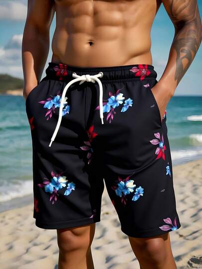 Manfinity Swimmode 1Pc Men Floral Print Loose Fit Beach Shorts, Vacation Style Couples Matching Swimwear Vacation For Beach,Hawaiian Summer