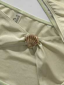 Swim Chiccia 女士纯色香槟色闪亮比基尼套装带贝壳装饰，裹身裙，休闲，度假，沙滩，派对性感泳衣 - 香檳色 - 查看 8