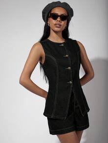 COSMINA 女士单排扣背心短裤休闲宽松牛仔套装 - 黑色 - 查看 5