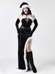 ROMWE Goth 哥特式天鹅绒拼布人造毛皮高开叉紧身连衣裙 - 黑色 - 查看 1