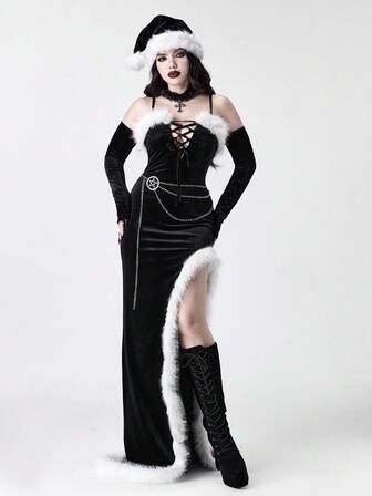 Gothic Style Velvet Patchwork Faux Fur High Slit Bodycon Dress