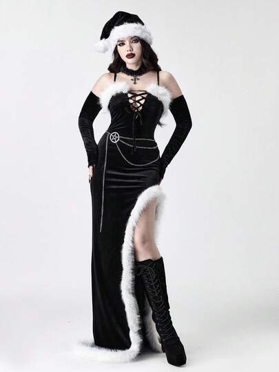 Gothic Style Velvet Patchwork Faux Fur High Slit Bodycon Dress