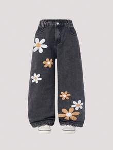 少女时尚贴袋雏菊刺绣阔腿宽松牛仔裤，适合早午餐穿着。Y2K复古深灰色水洗3D卡其色雪花牛仔裤，适合学校、校园、秋冬季节穿着。女童喇叭裤，时尚童裤，复古水洗牛仔裤，时尚雪花水洗花卉刺绣阔腿牛仔裤，花朵牛仔裤，雏菊牛仔裤，刺绣牛仔裤，可爱牛仔裤，秋冬90年代风格。 - 黑色 - 查看 4