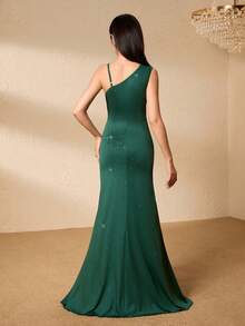 少女高端修身单肩镂空亮片针织开衩连衣裙，适合婚礼、庆典、生日、舞会、圣诞节、万圣节 - 墨綠色 - 查看 2