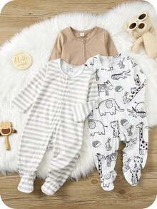 SHEIN 3pcs Newborn Baby Unisex Cute Cartoon Print Long Sleeve Footed Romper Pajama Set