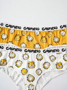 GARFIELD | SHEIN Bộ 2 quần lót cạp chun in hình mèo dễ thương cỡ lớn thoải mái hoạt hình cho nữ Bộ đồ lót nữ dễ thương - Màu vàng - Xem 4
