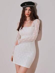 Modelyn Women's Elegant Solid Color Lace Fitted Mini Dress - White - View 6