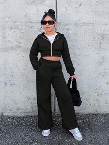 SHEIN Tween Girl Nova Glow Kids Fashion Comfortable Party & Street Solid Color Knit Hooded Sweatshirt Sweatshirt Loose Set Fall Winter