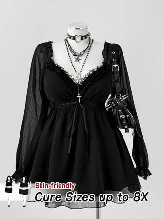 SHEIN CURVE+ Plus Size Women's Contrast Lace Sweetheart Collar Mesh Long Sleeve Fashionable Dark Goth Blouse