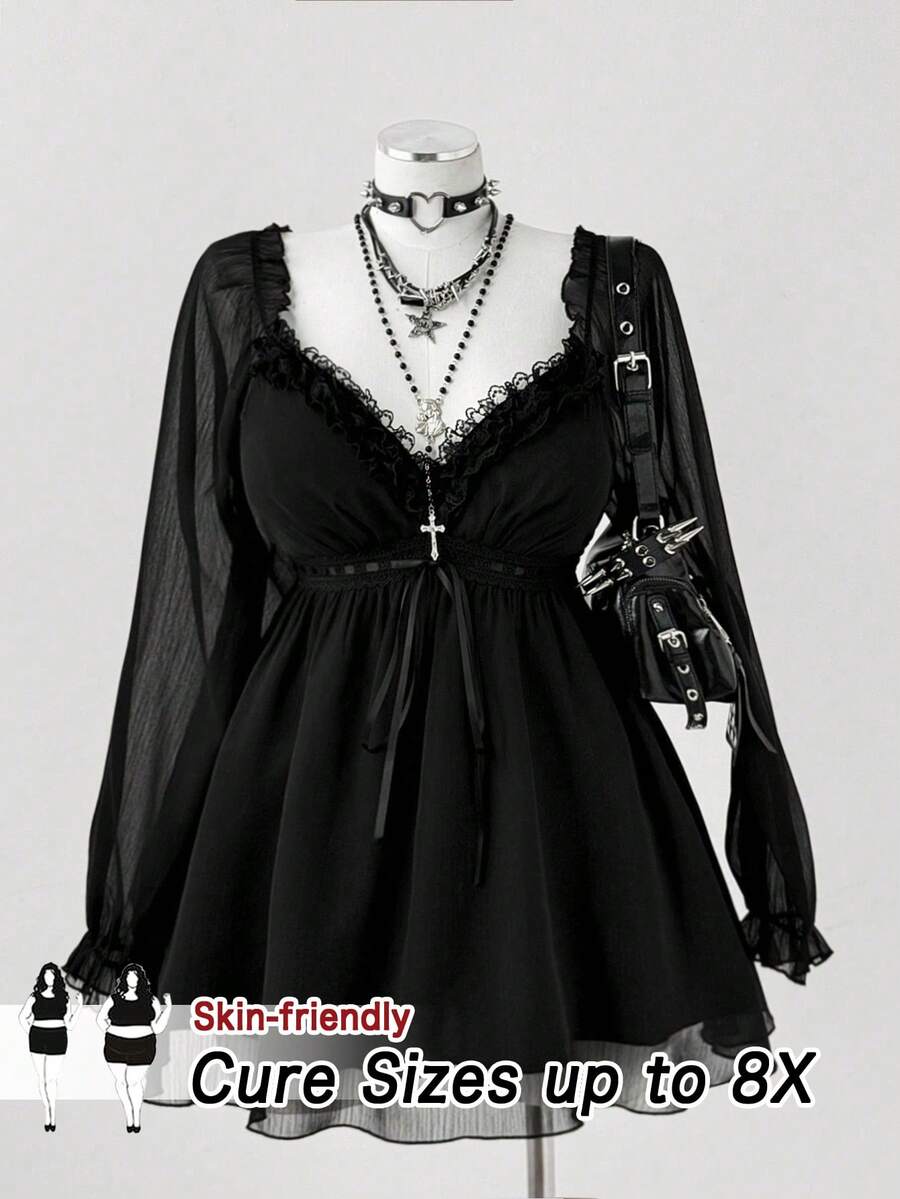 SHEIN CURVE+ 大码女式撞色蕾丝鸡心领网眼长袖时尚深色哥特衬衫 - 黑色 - 查看 1