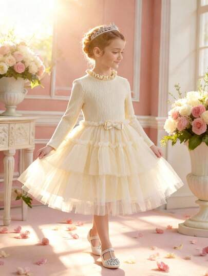 Young Girl Elegant & Cute Apricot Knit Contrast Mesh Dress Fall Winter Young Girl Fashion Design Lady Elegant Cute Apricot Knitted Contrast Mesh Ribbed Texture Dress, Autumn And Winter, Beige Dress, Versatile Autumn And Winter Warm Fashion, Cutting-Edge Fashion Design Can Be Worn Indoors And Outdoors, Outdoor, Daily, Sports, Play, Party, Photo Shoot, Vacation, Festival, Girl Dress