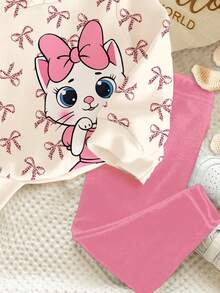 SHEIN 2 件套女婴奶油白色和奶油粉色可爱卡通猫，豹纹蝴蝶结印花保暖厚柔软连帽运动衫和紧身裤套装，适合秋冬日常、居家、度假、校园、舒适季节 - 彩色 - 查看 5