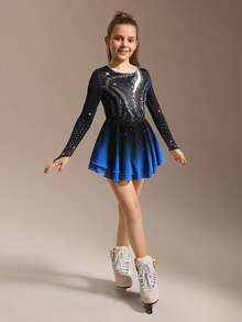 SHEIN Váy trượt băng nghệ thuật cho bé gái tuổi vị thành niên, bộ đồ liền thân tập luyện và thi đấu đính đá lấp lánh thanh lịch kèm chân váy lưới ôm sát thoải mái. Váy thể thao thanh lịch, thường ngày họa tiết màu xanh lam cho bé gái tuổi vị thành niên, tay dài, chân váy voan co giãn cao giúp che khuyết điểm, phù hợp cho trượt băng nghệ thuật, trường học và thi đấu. - Màu xanh lam - Xem 4