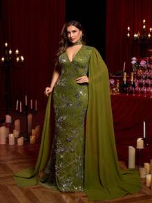 Glamrae Robe longue élégante et sexy verte à col ras-du-cou, col en V profond, ornée de strass et de sequins, manches longues en mousseline, ourlet sirène avec traîne drapée. Convient pour les mariages, les fêtes, les événements de célébration, les tenues de gala (design très orné) - Vert - Voir 7