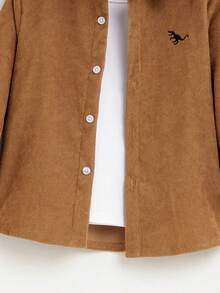 Oversized Boys' Spring/Autumn Casual Fashionable Shirt With Cute Embroidered Dinosaur Pattern, White Transparent Button Placket, Long Sleeve, Woven Fabric, Suitable For School, Casual, Vacation Wear - Brown - View 4