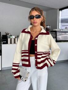 SHEIN Women Stripe Pattern Front Button Collar Neck Cardigan - Burgundy - View 6