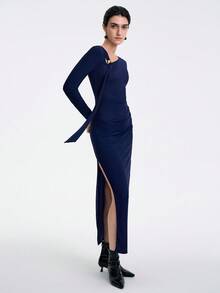 Aalyst Women's Elegant Fashion Commuter Casual Comfortable Charming Retro Lady Gentle Romantic Holiday Party Long Sleeve Asymmetric Neck Front Side Tie Design Feather Metal Button Decor Waist Fitted Glitter Solid Color Dress - Navy Blue - View 3