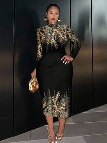 Slaydiva 亮片印花修身长袖圆领长裙，休闲且适合大码、派对和正式穿着