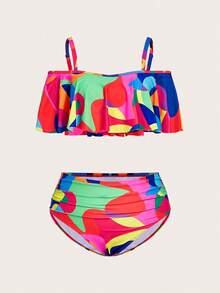 Swim Oasis 大码女式几何印花拼布荷叶边比基尼套装带罩衫裙，海滩度假 - 彩色 - 查看 11