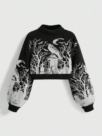 Pull pour femmes à manches lanternes noires, col montant, motif jacquard avec corbeau, lune, branche et chauve-souris dans un style gothique sombre
