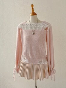 Elamini 优雅蕾丝针织长袖女毛衣，百搭秋冬 - 粉色 - 查看 5