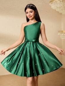 少女优雅腰部串珠下摆连衣裙，适合万圣节、圣诞节、派对、宴会、晚礼服 - 綠色 - 查看 6