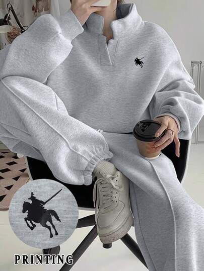 INAWLY Ensemble 2 pièces femme, Sweat-shirt-shirt à manches longues et pantalon, coupe ample, imprimé chevalier, épaules tombantes, style décontracté, automne