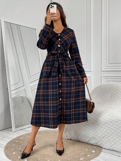 EMERY ROSE Vestido midi de manga larga con botones delanteros, cinturón y estampado de cuadros para mujer