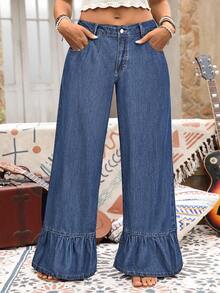 EMERY ROSE Plus Size Women's Casual Denim Jeans With Pockets And Ruffle Hem - Medium Wash - View 6
