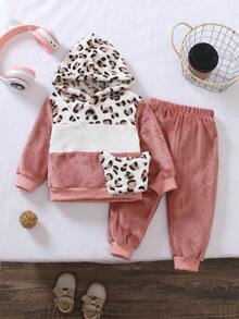 2pcs Baby Girls Leopard Patchwork Fleece Sweatshirt Set, Pink Contrast Color Hoodie And Pants, Fashionable Casual Outfit - Multicolor - View 8
