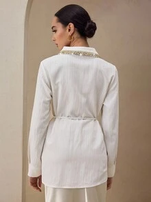 Graceveil Blusa de manga larga con cuello de tela texturizada, adecuada para el atuendo de mujeres árabes, otoño - Beis - Ver 2