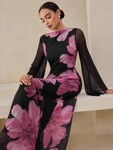 Graceveil 优雅花卉印花网眼泡泡袖连衣裙，浪漫秋冬派对之选 - 黑色 - 查看 7