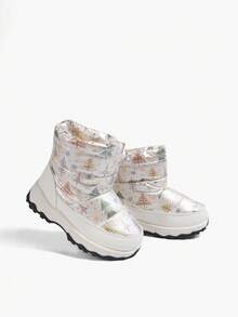 JNSQ 1 Pair Kids Winter Fashion Beige Cartoon Tree Pattern Thermal Lined Ankle Snow Boots, Warm And Casual Outdoor - Beige - View 10