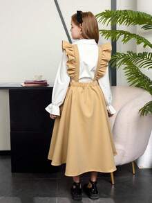 Girls' Light Blue Long Sleeve Shirt And Navy Blue Skirt Casual Suit, School Style - Multicolor - View 2
