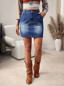 SHEIN LUNE Women's High Waist Pocketed Casual Denim Pencil Skirt - Blue - View 5