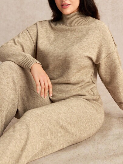 EMERY ROSE Conjunto de suéter de cuello alto tejido y pantalones de talla grande, cómodo para ir al trabajo