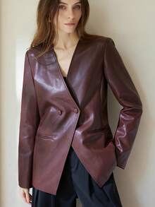 Aveloria Modichic Jaket Blazer Double-Breasted Longgar dari Kulit PU yang Elegan, Melangsingkan dan Bergaya - Burgundy - View 1